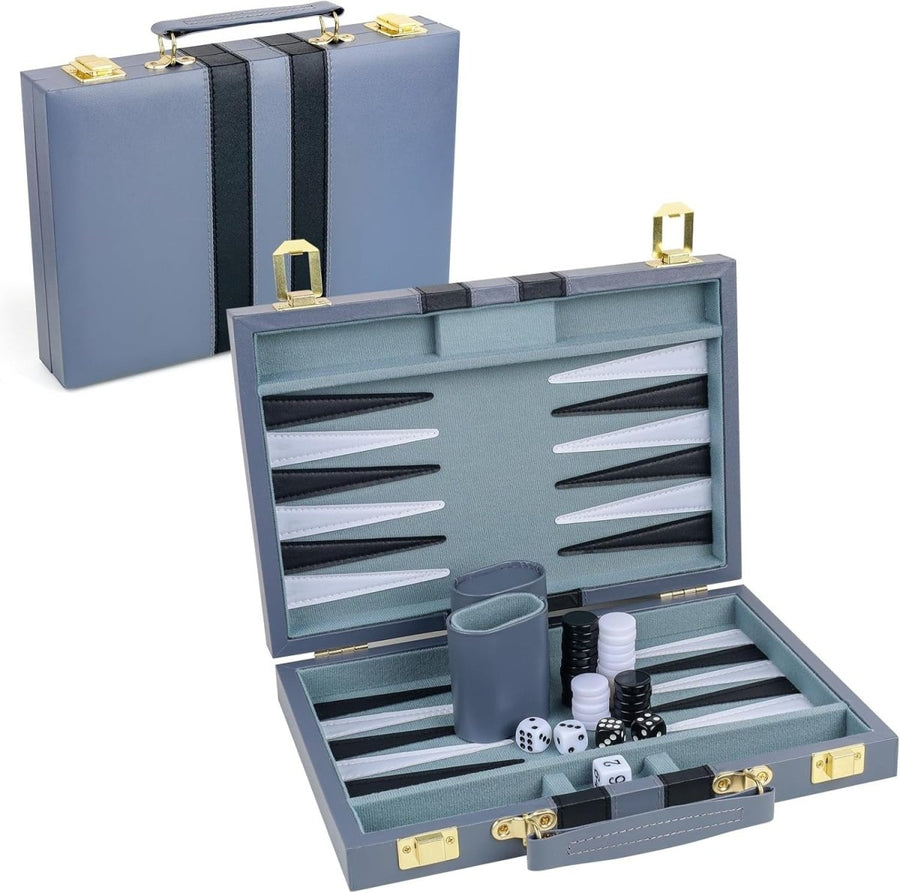 Backgammon Set 11 Inch Leather Case Portable Travel Board Game 2 - Kwikley