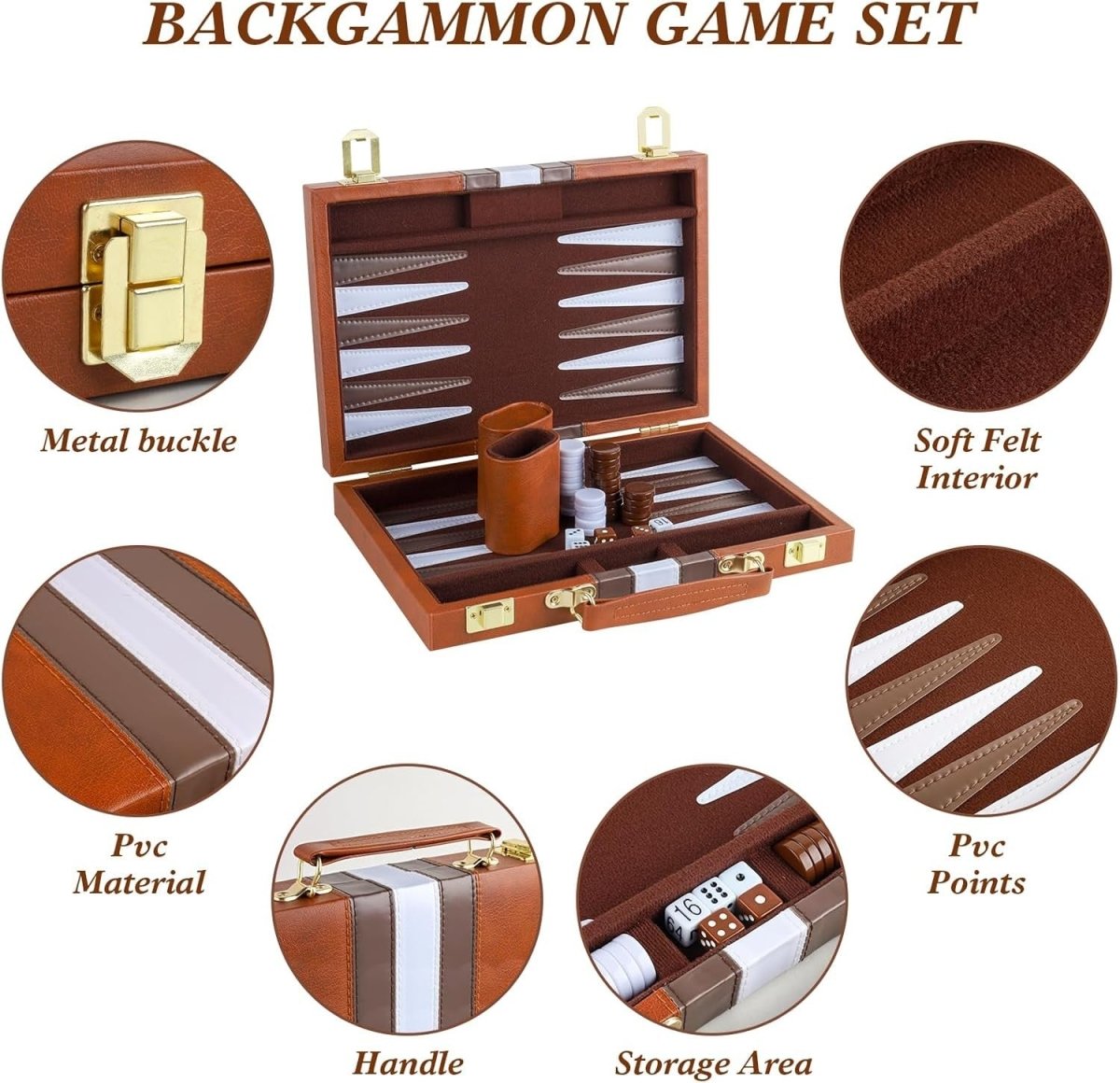 Backgammon Set 11 Inch Leather Case Portable Travel Board Game 2 Players - Kwikley
