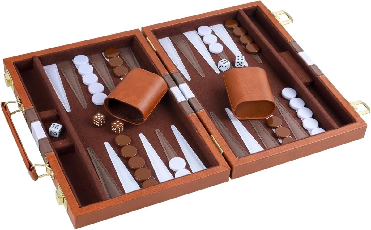 Backgammon Set 11 Inch Leather Case Portable Travel Board Game 2 Players - Kwikley
