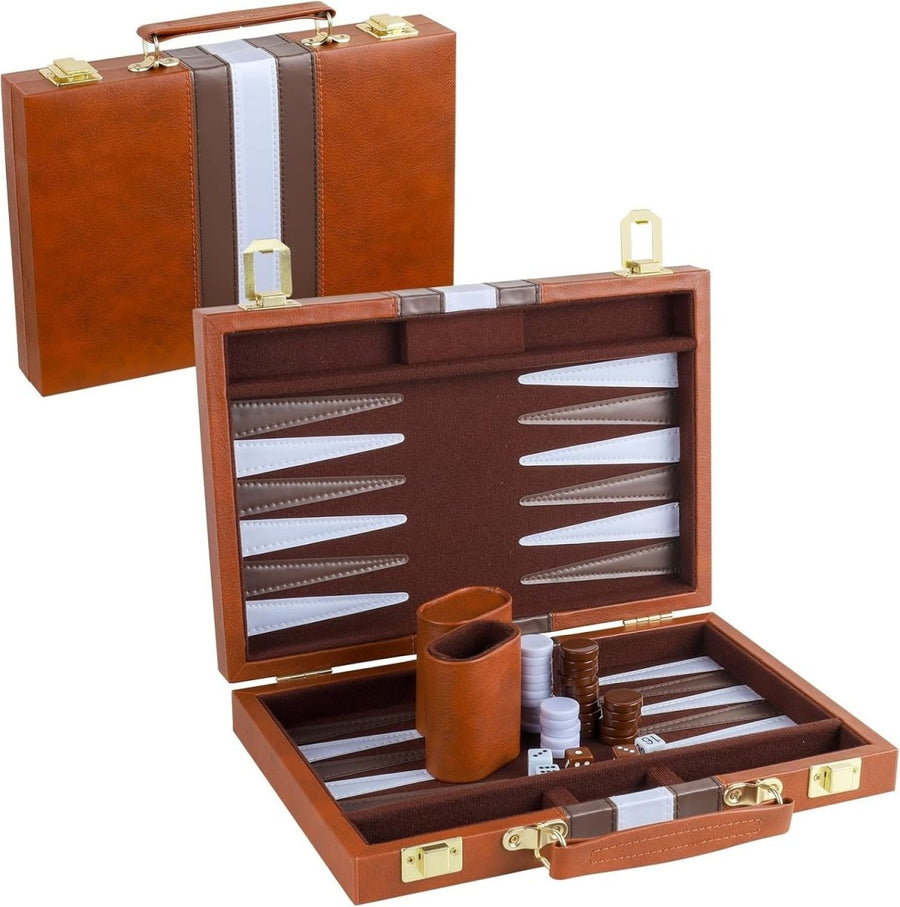 Backgammon Set 11 Inch Leather Case Portable Travel Board Game 2 Players - Kwikley