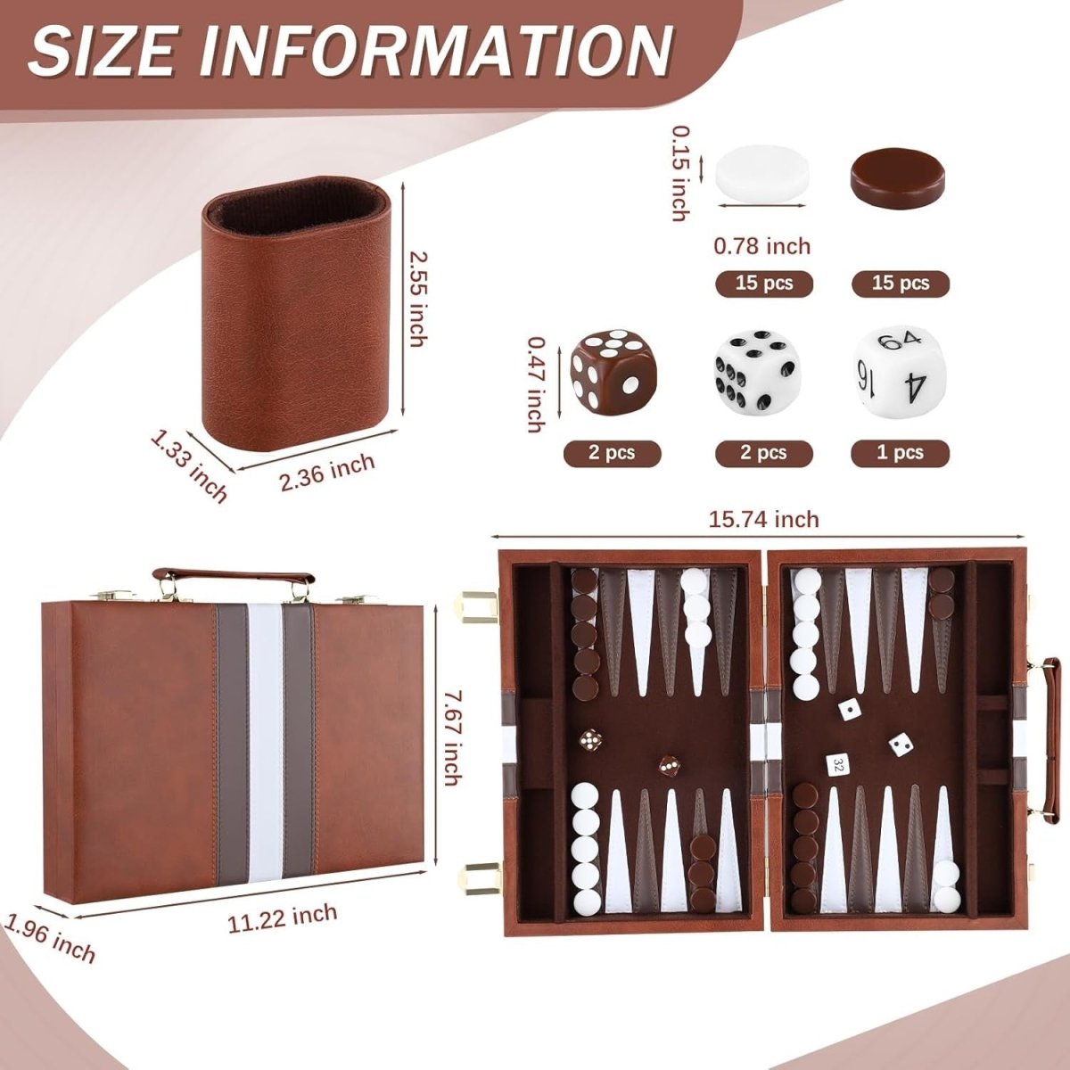 Backgammon Set 11 Inch Leather Case Portable Travel Board Game Dice - Kwikley