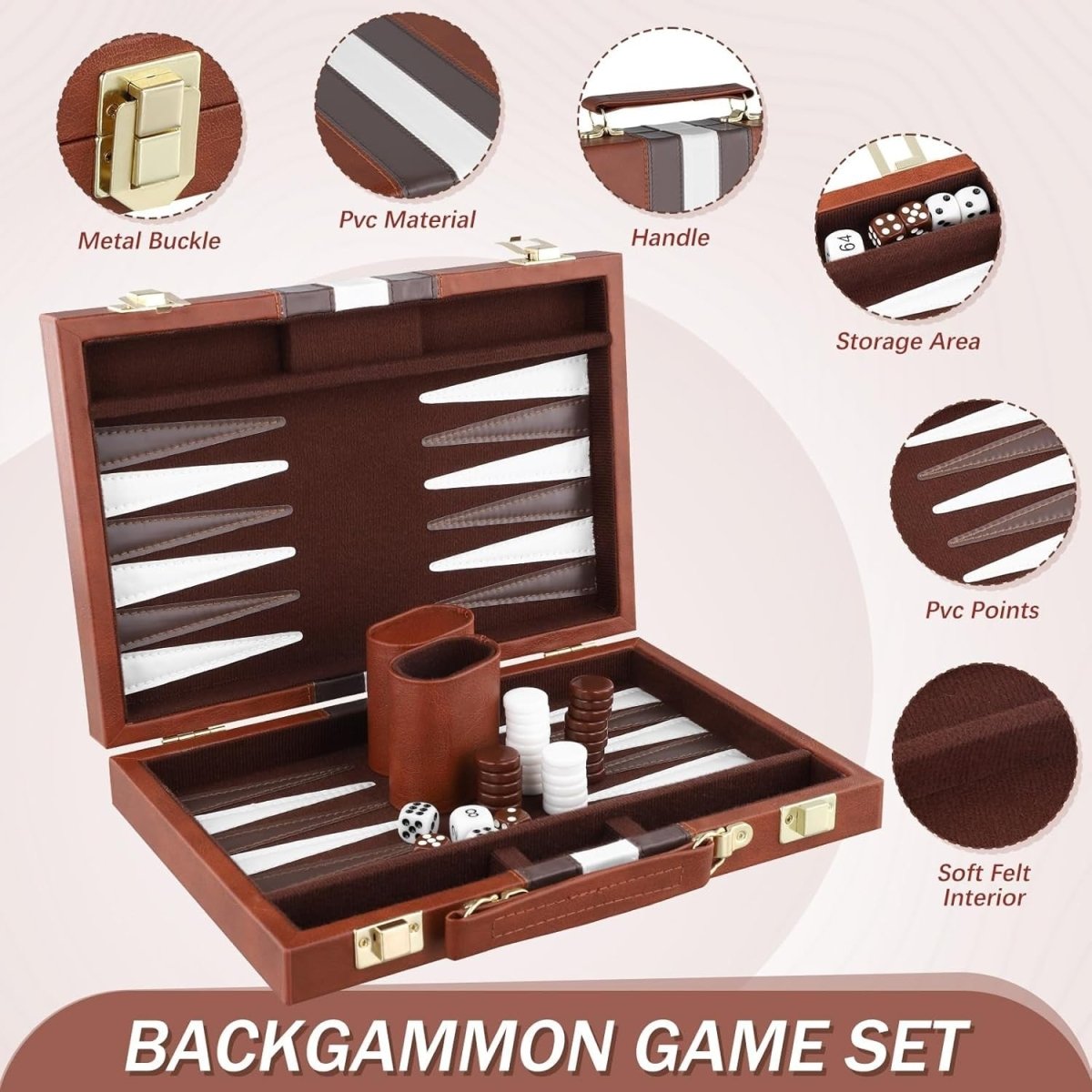 Backgammon Set 11 Inch Leather Case Portable Travel Board Game Dice - Kwikley