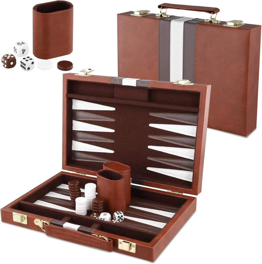 Backgammon Set 11 Inch Leather Case Portable Travel Board Game Dice - Kwikley