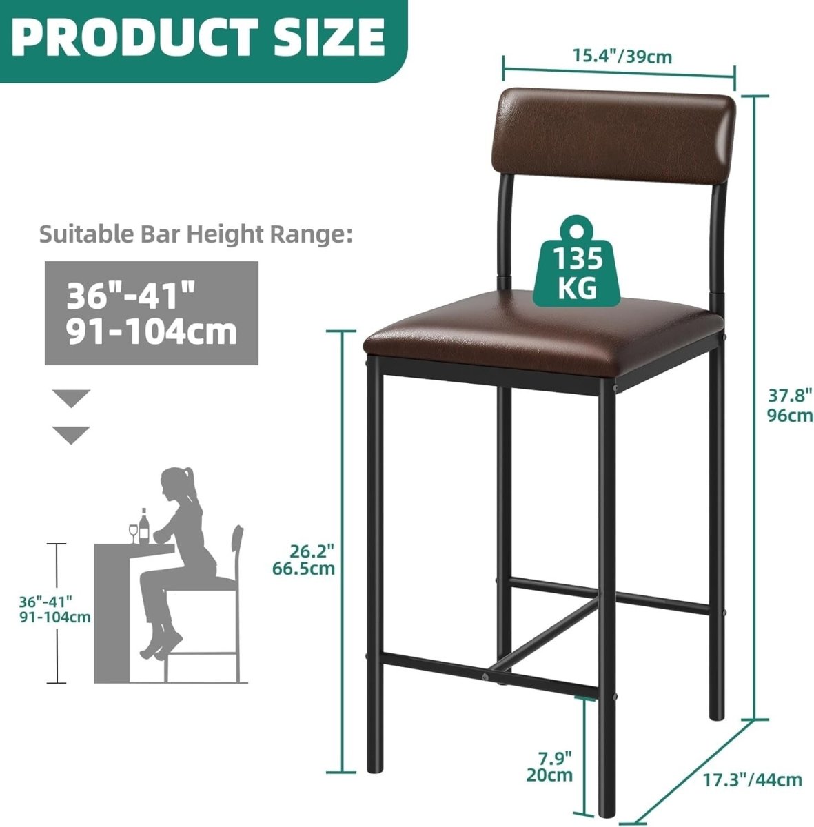 Bar Stools Set of 2 | Rustic Brown Industrial Counter Dining Chairs - Kwikley