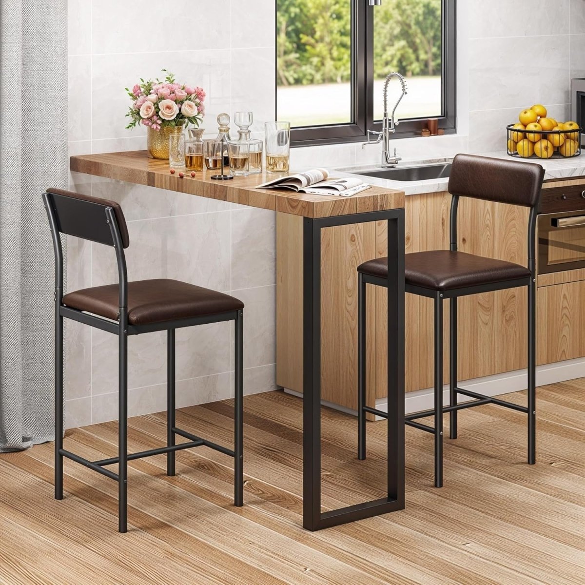 Bar Stools Set of 2 | Rustic Brown Industrial Counter Dining Chairs - Kwikley