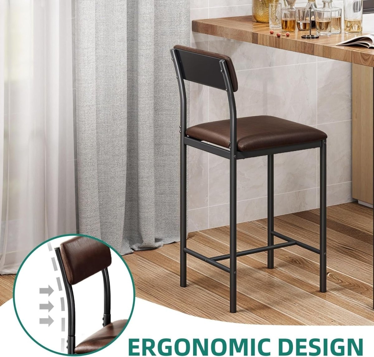 Bar Stools Set of 2 | Rustic Brown Industrial Counter Dining Chairs - Kwikley