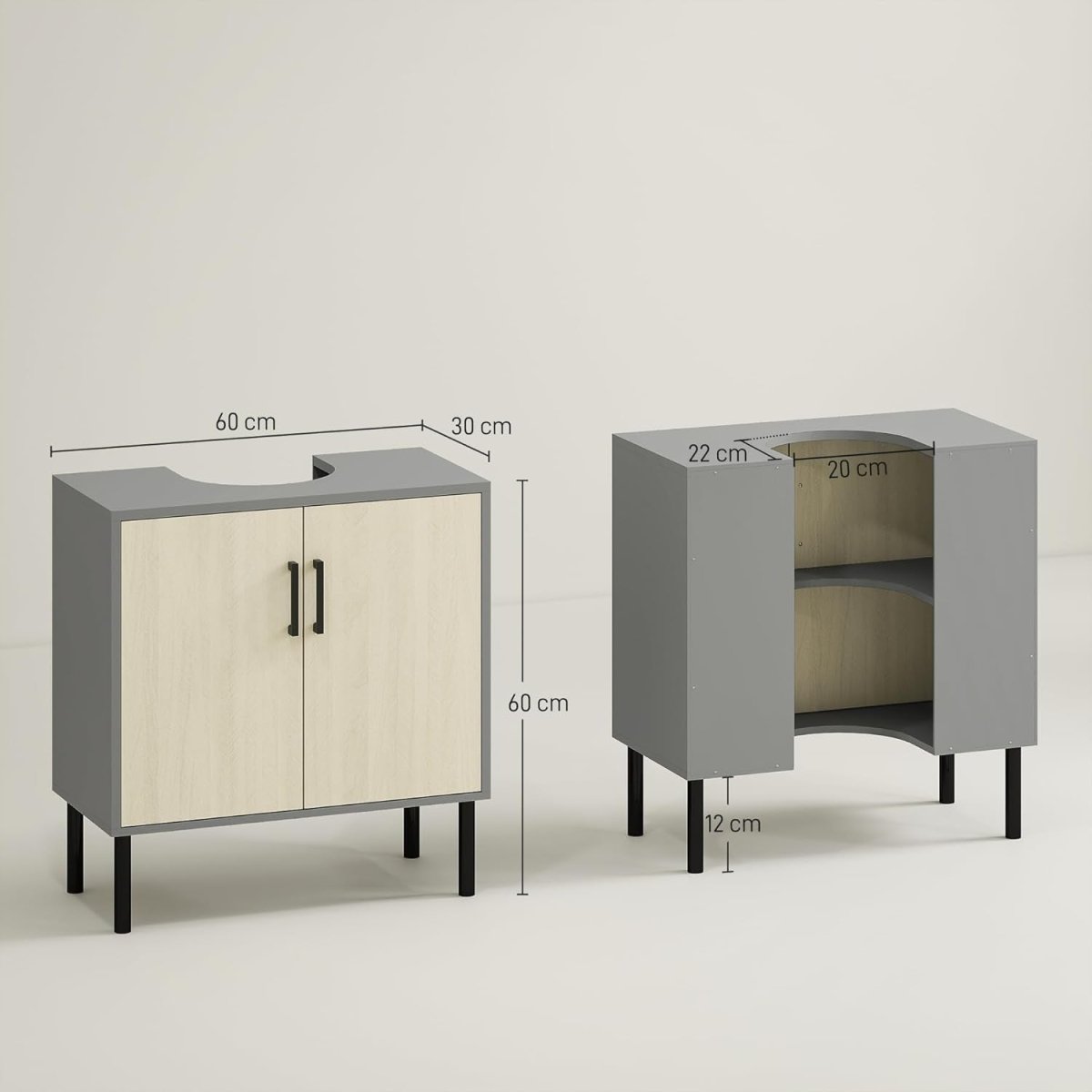 Bathroom Sink Cabinet Unit Under Basin Storage, 60x30x60cm, Double Door - Kwikley