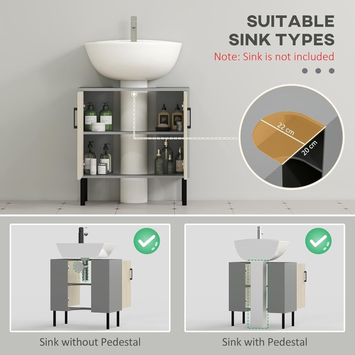 Bathroom Sink Cabinet Unit Under Basin Storage, 60x30x60cm, Double Door - Kwikley