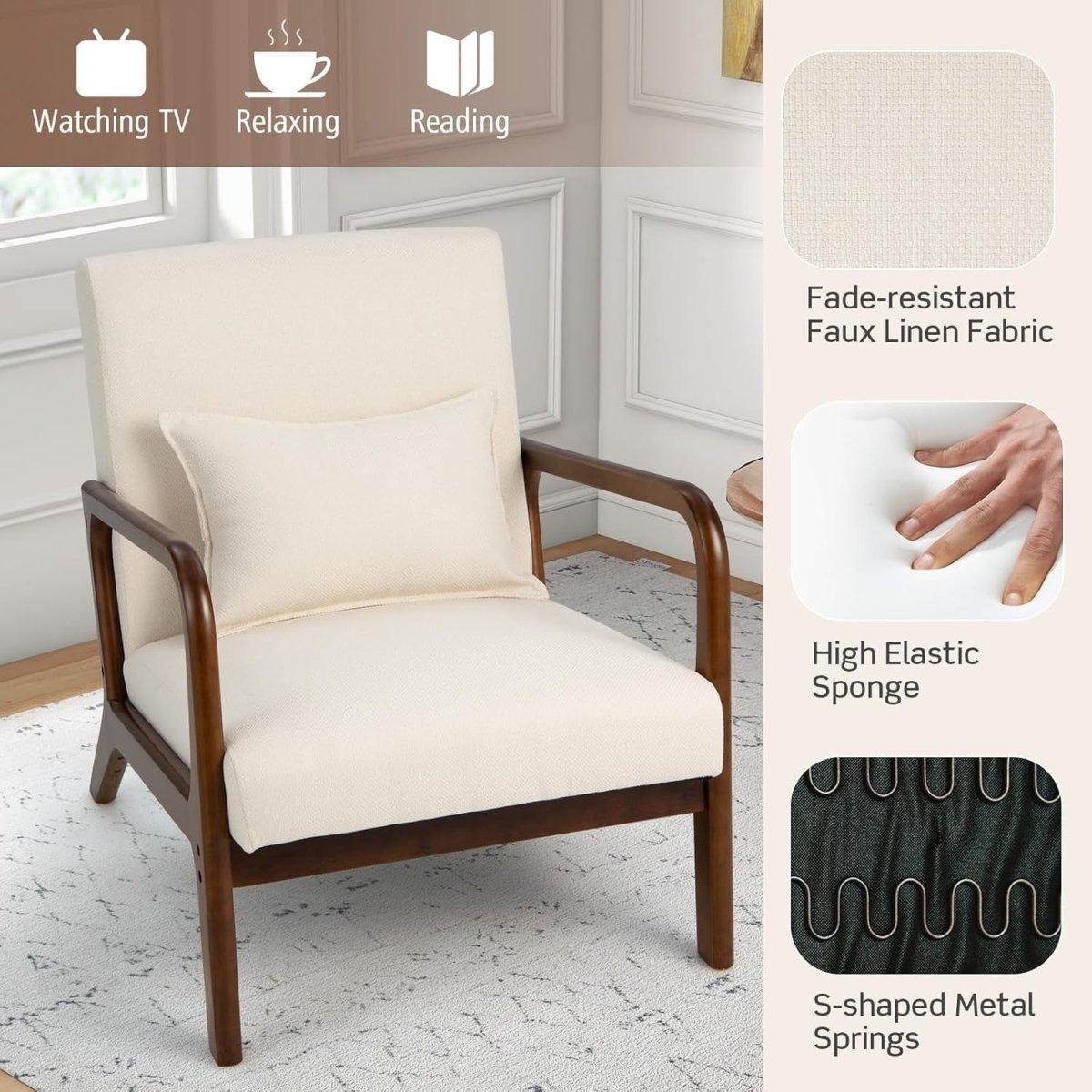 Beige Accent Armchair Modern Upholstered Lounge Chair Lumbar - Kwikley