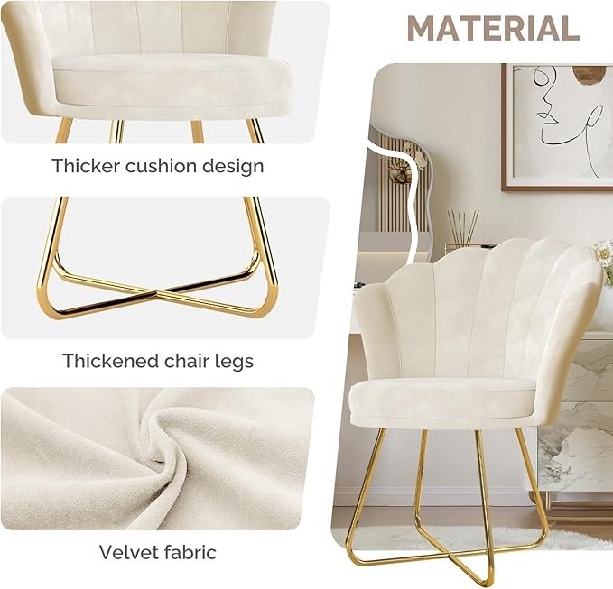 Beige Accent Chair Gold Metal Legs Petal Back Vanity Armchair - Kwikley