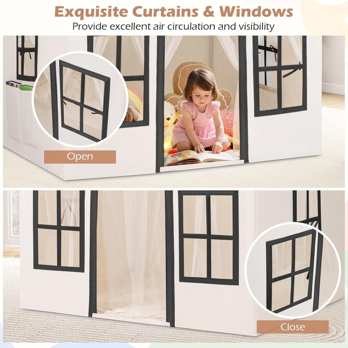 Beige Black Kids Castle Play Tent Large Indoor Fairy House Lights - Kwikley