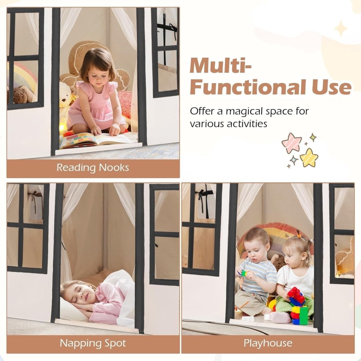 Beige Black Kids Castle Play Tent Large Indoor Fairy House Lights - Kwikley