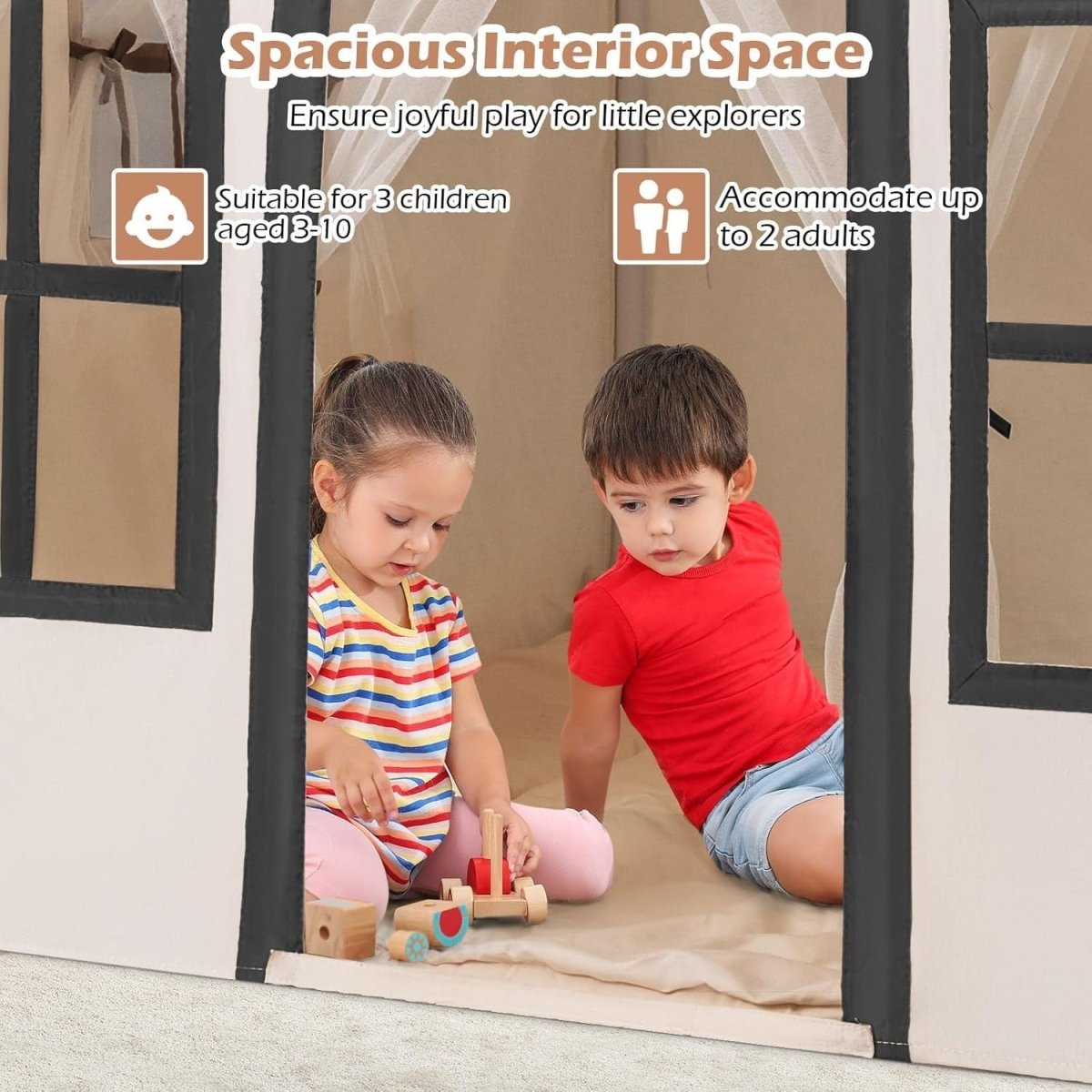 Beige Black Kids Castle Play Tent Large Indoor Fairy House Lights - Kwikley