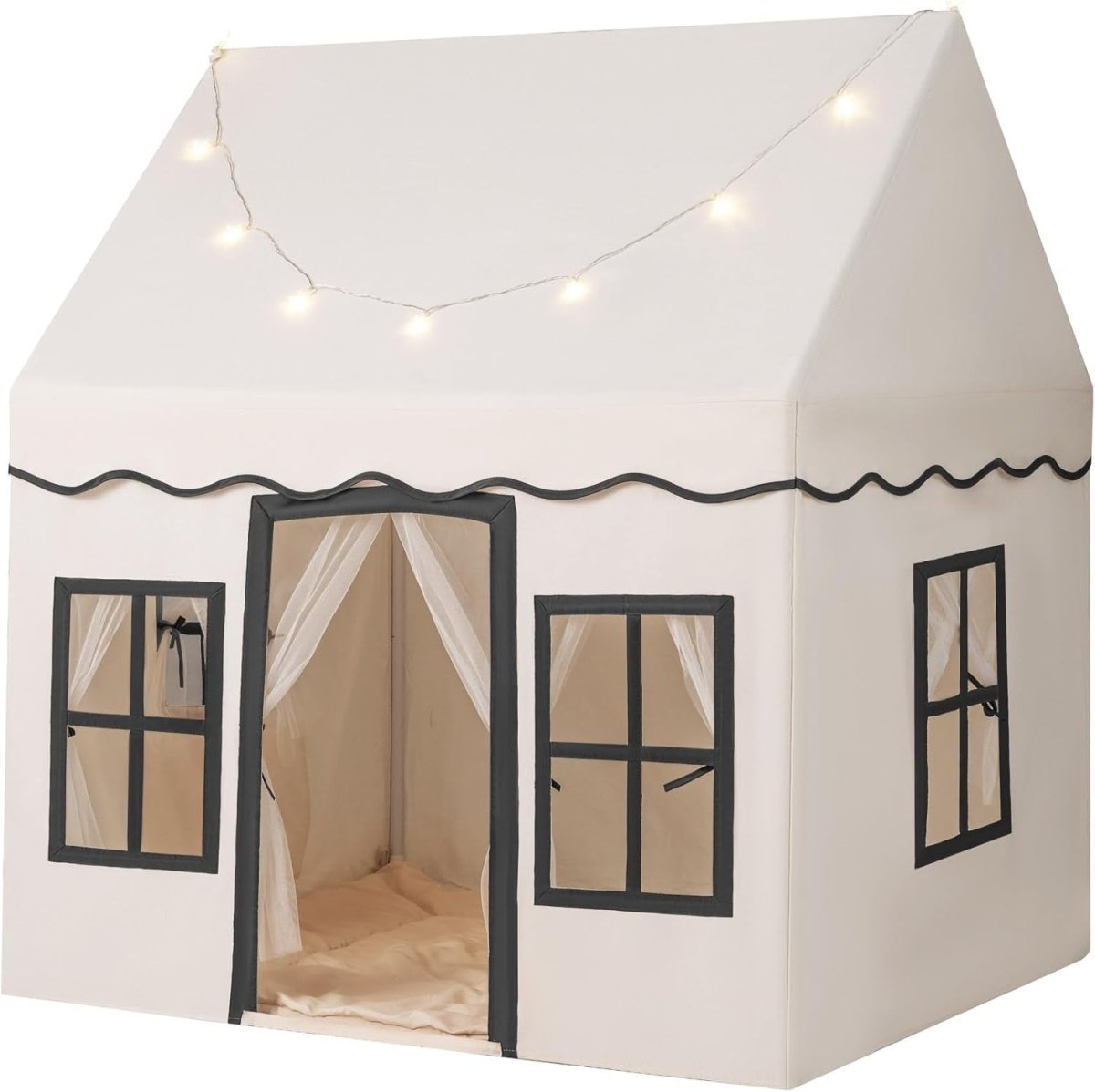 Beige Black Kids Castle Play Tent Large Indoor Fairy House Lights - Kwikley