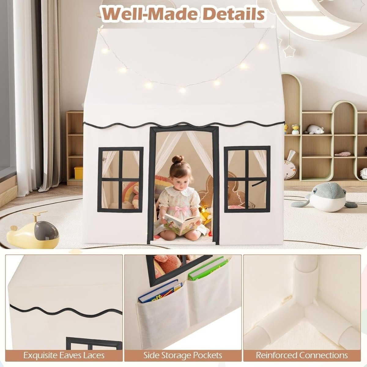 Beige Black Kids Castle Play Tent Large Indoor Fairy House Lights - Kwikley