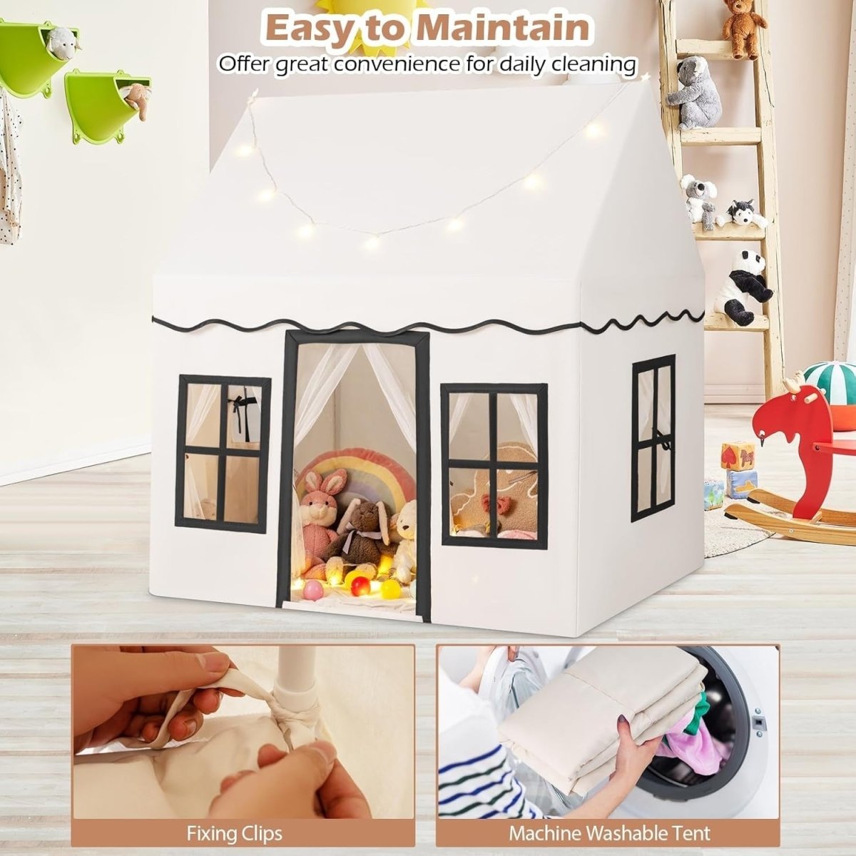 Beige Black Kids Castle Play Tent Large Indoor Fairy House Lights - Kwikley