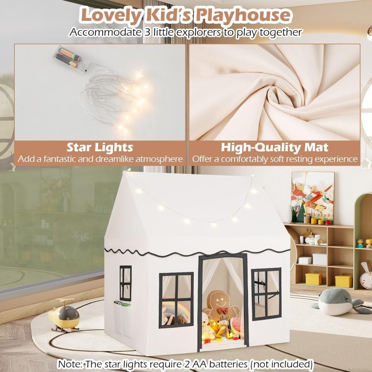 Beige Black Kids Castle Play Tent Large Indoor Fairy House Lights - Kwikley