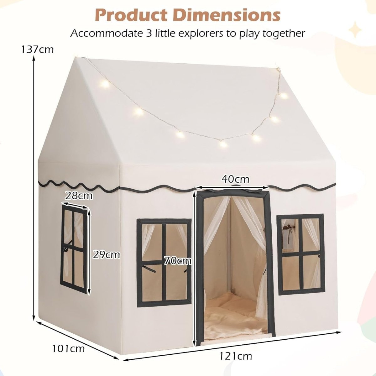 Beige Black Kids Castle Play Tent Large Indoor Fairy House Lights - Kwikley