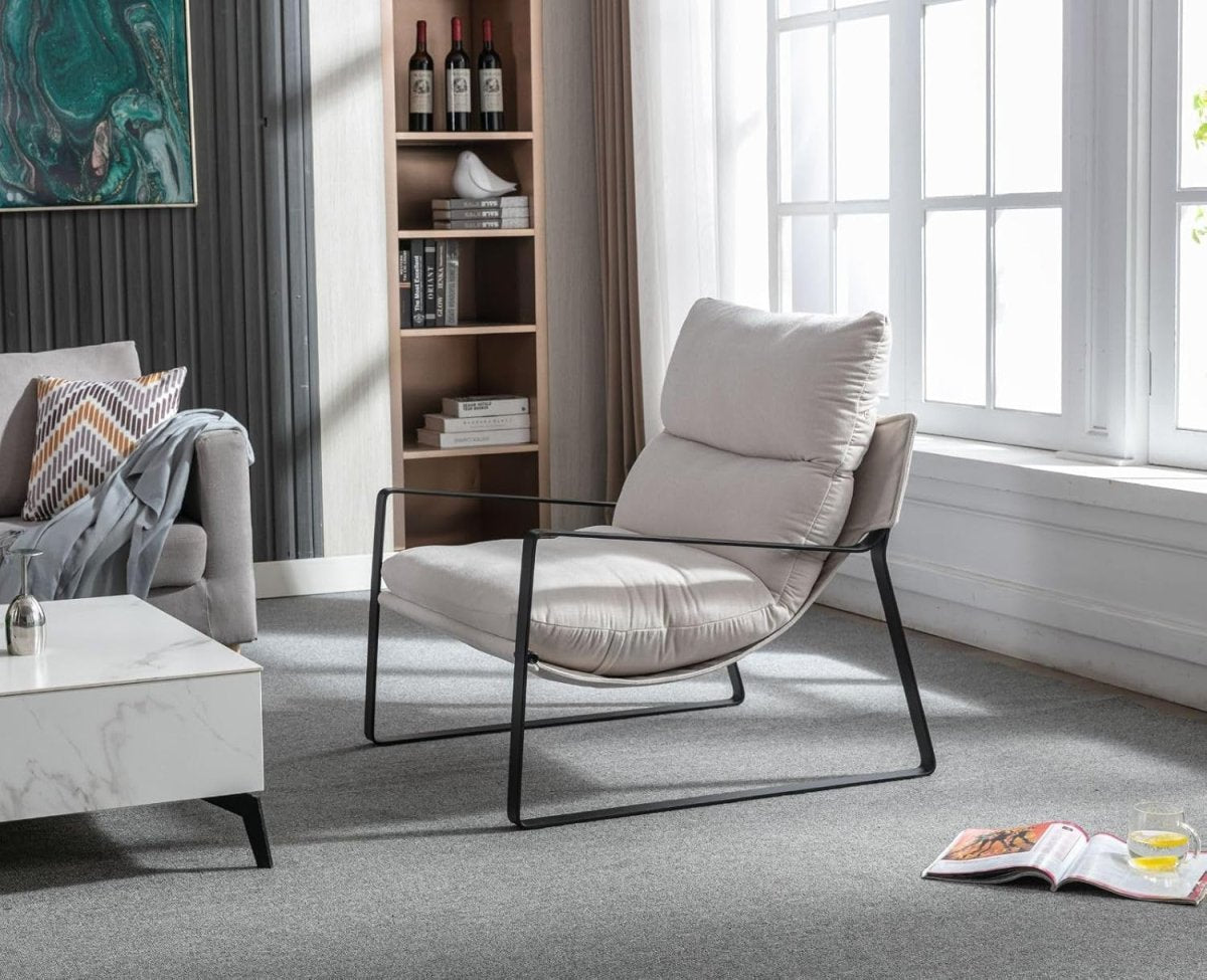 Beige Chenille Accent Chair Modern Lounge Armchair Metal Frame - Kwikley