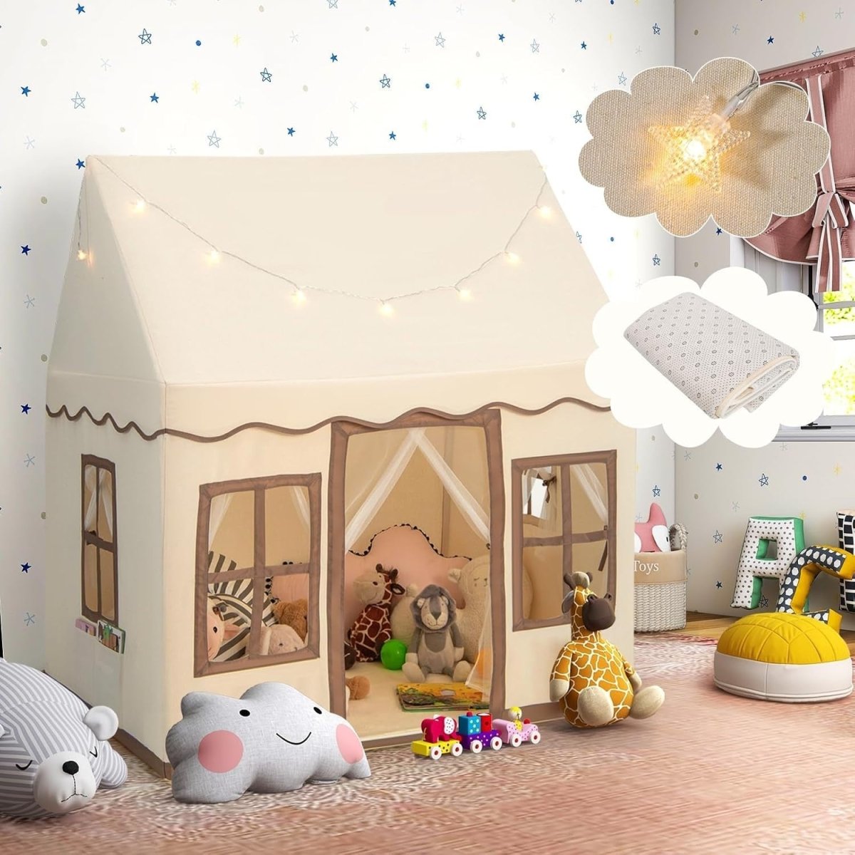 Beige Coffee Kids Castle Play Tent Star Lights Large Indoor House - Kwikley