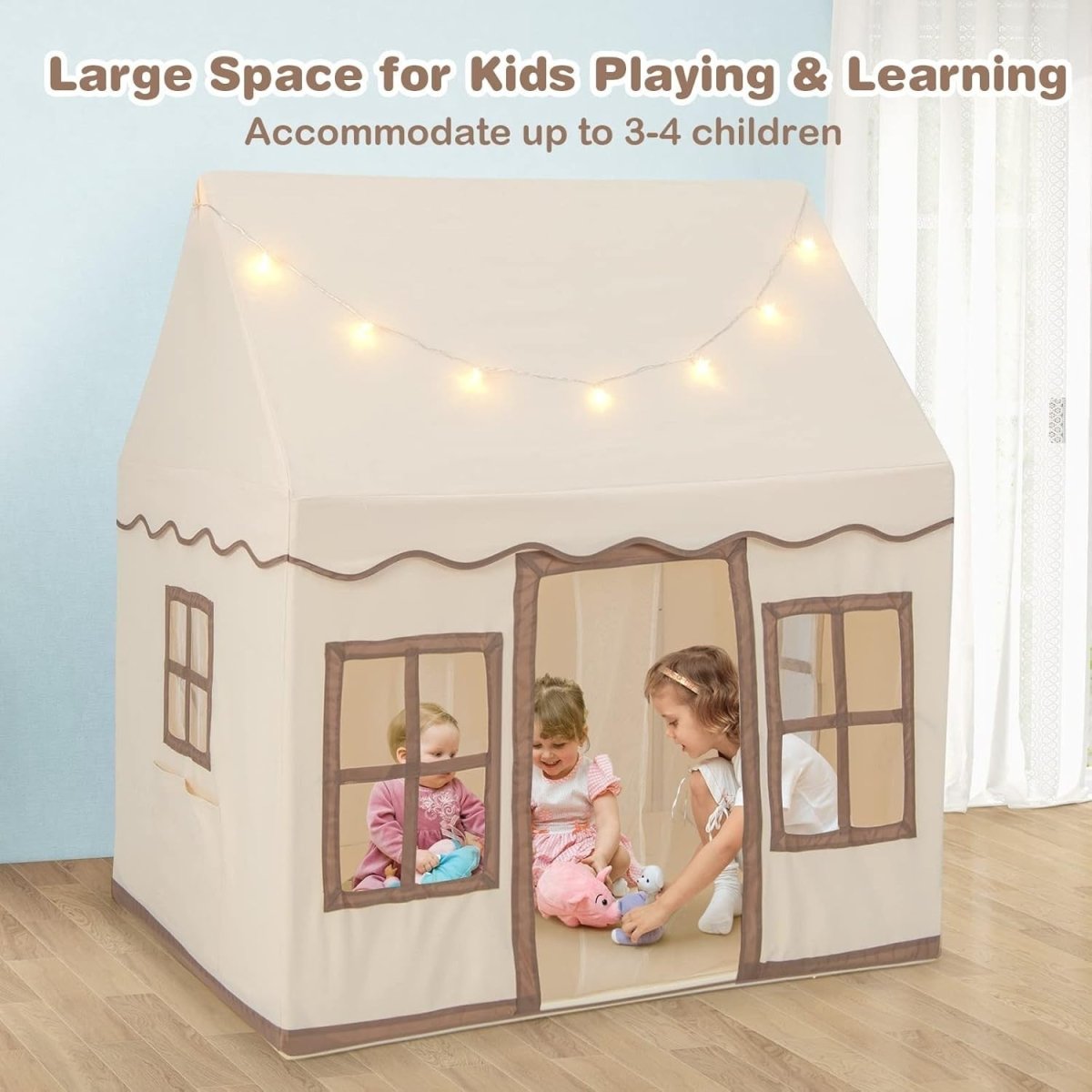 Beige Coffee Kids Castle Play Tent Star Lights Large Indoor House - Kwikley