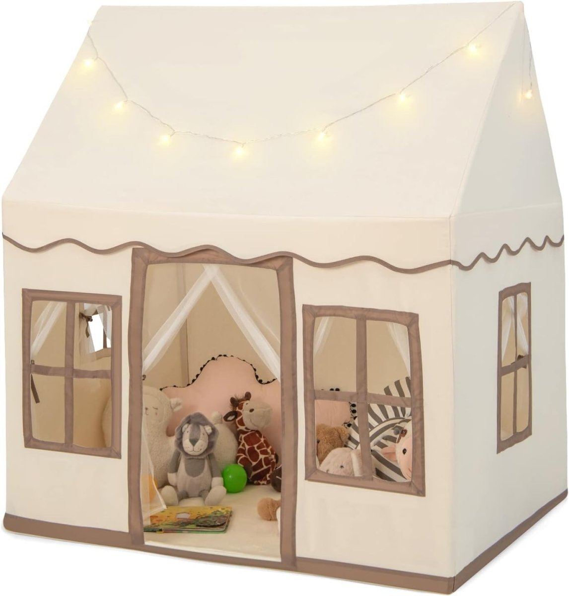 Beige Coffee Kids Castle Play Tent Star Lights Large Indoor House - Kwikley