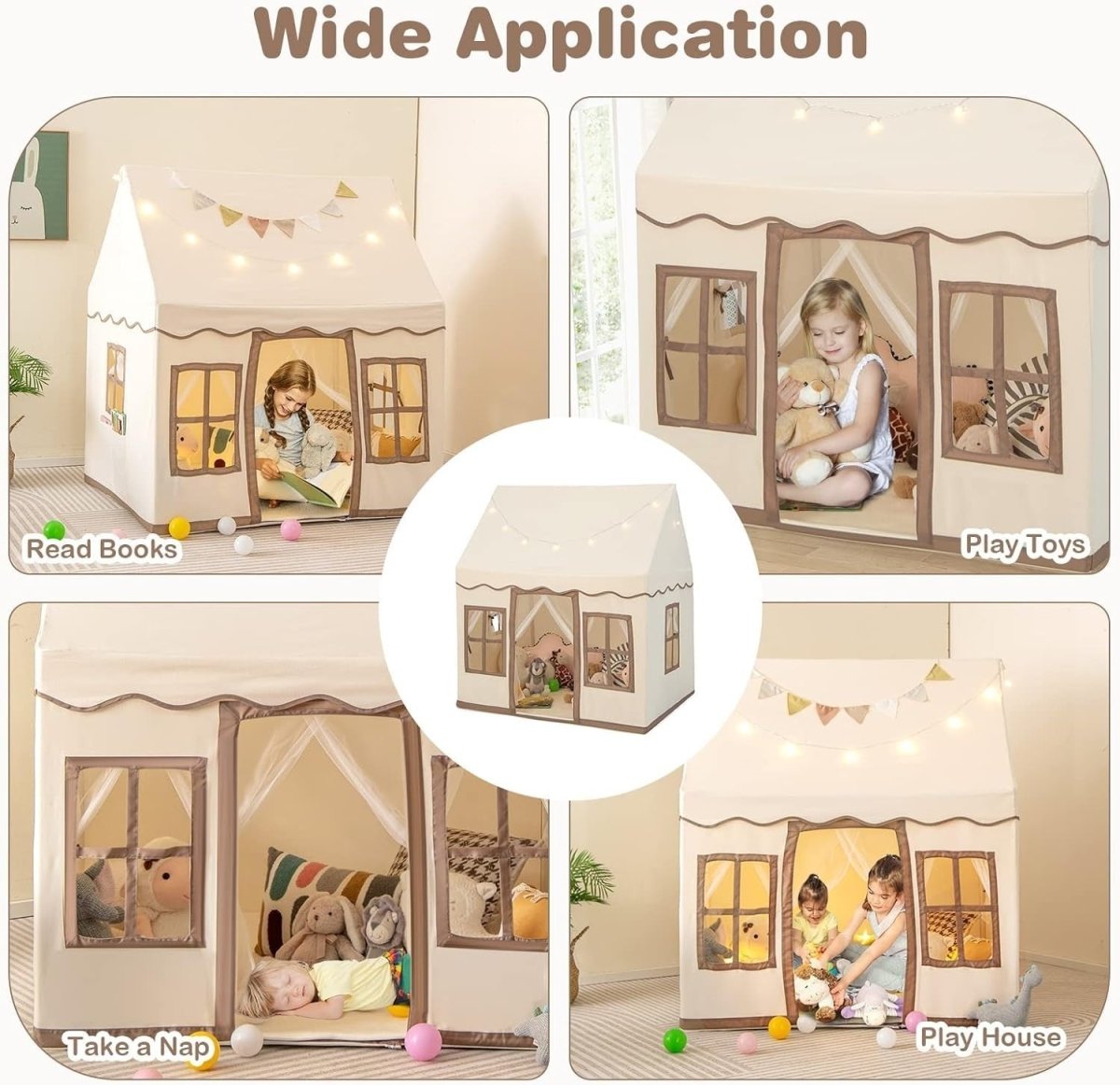 Beige Coffee Kids Castle Play Tent Star Lights Large Indoor House - Kwikley