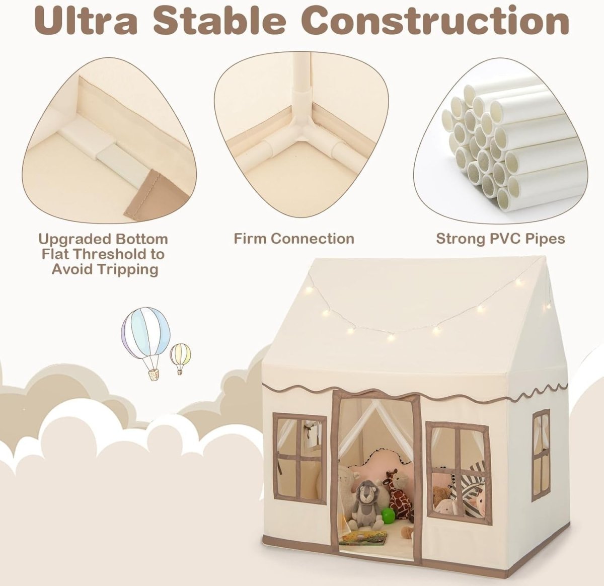 Beige Coffee Kids Castle Play Tent Star Lights Large Indoor House - Kwikley