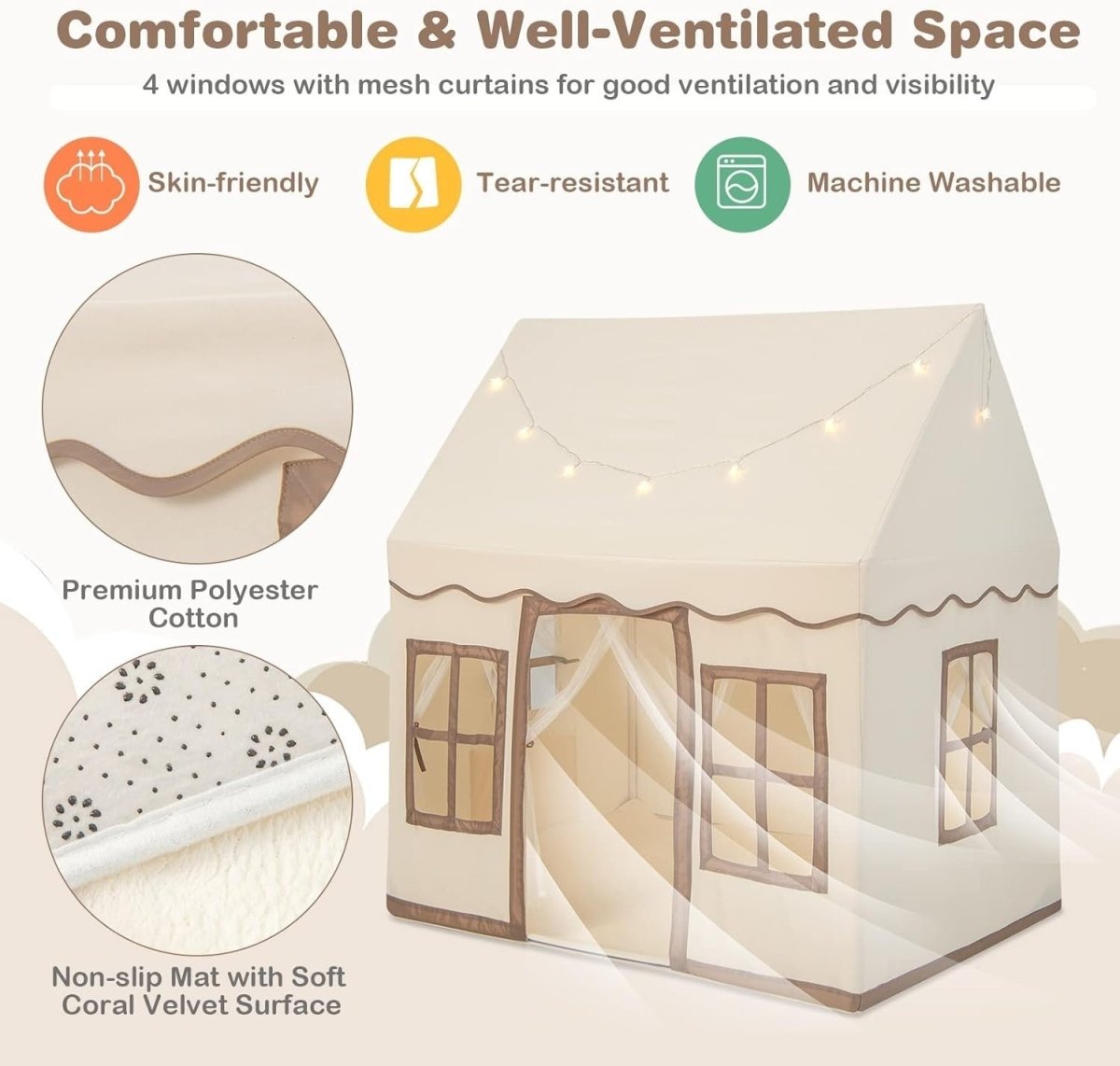 Beige Coffee Kids Castle Play Tent Star Lights Large Indoor House - Kwikley