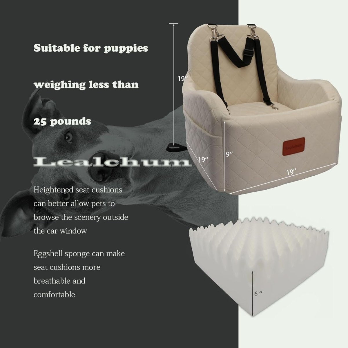 Beige Dog Booster Car Seat Elevated Memory Foam Travel Bed 30lb - Kwikley