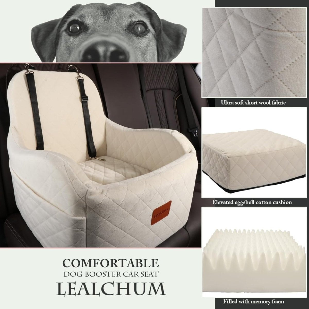 Beige Dog Booster Car Seat Elevated Memory Foam Travel Bed 30lb - Kwikley