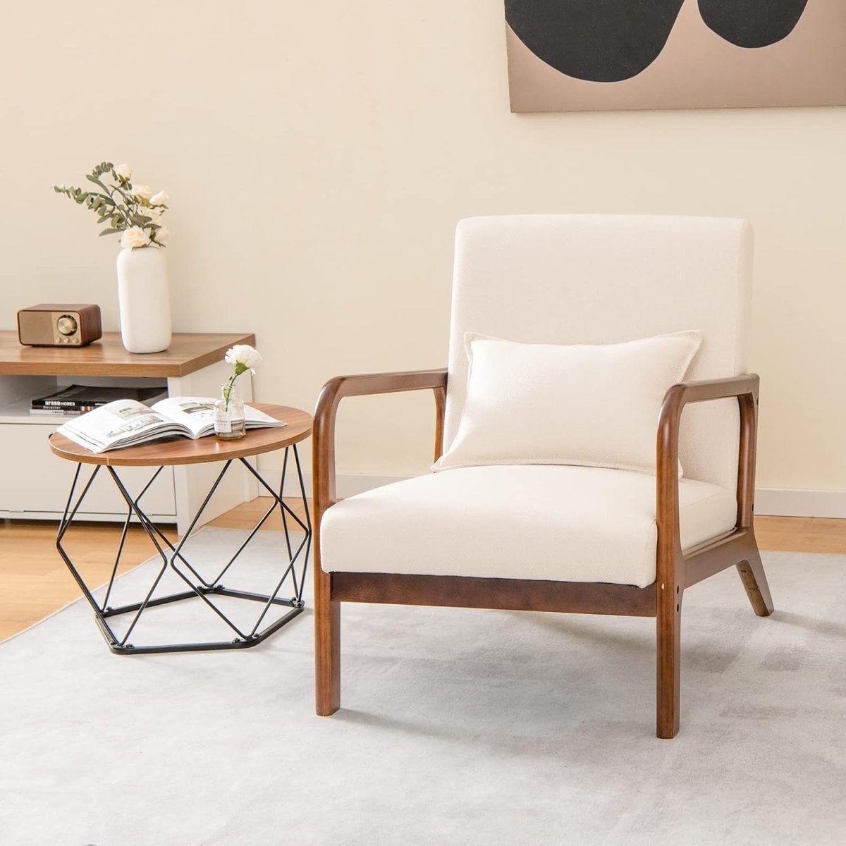 Beige Fabric Accent Armchair Modern Lounge Chair Wood Frame - Kwikley