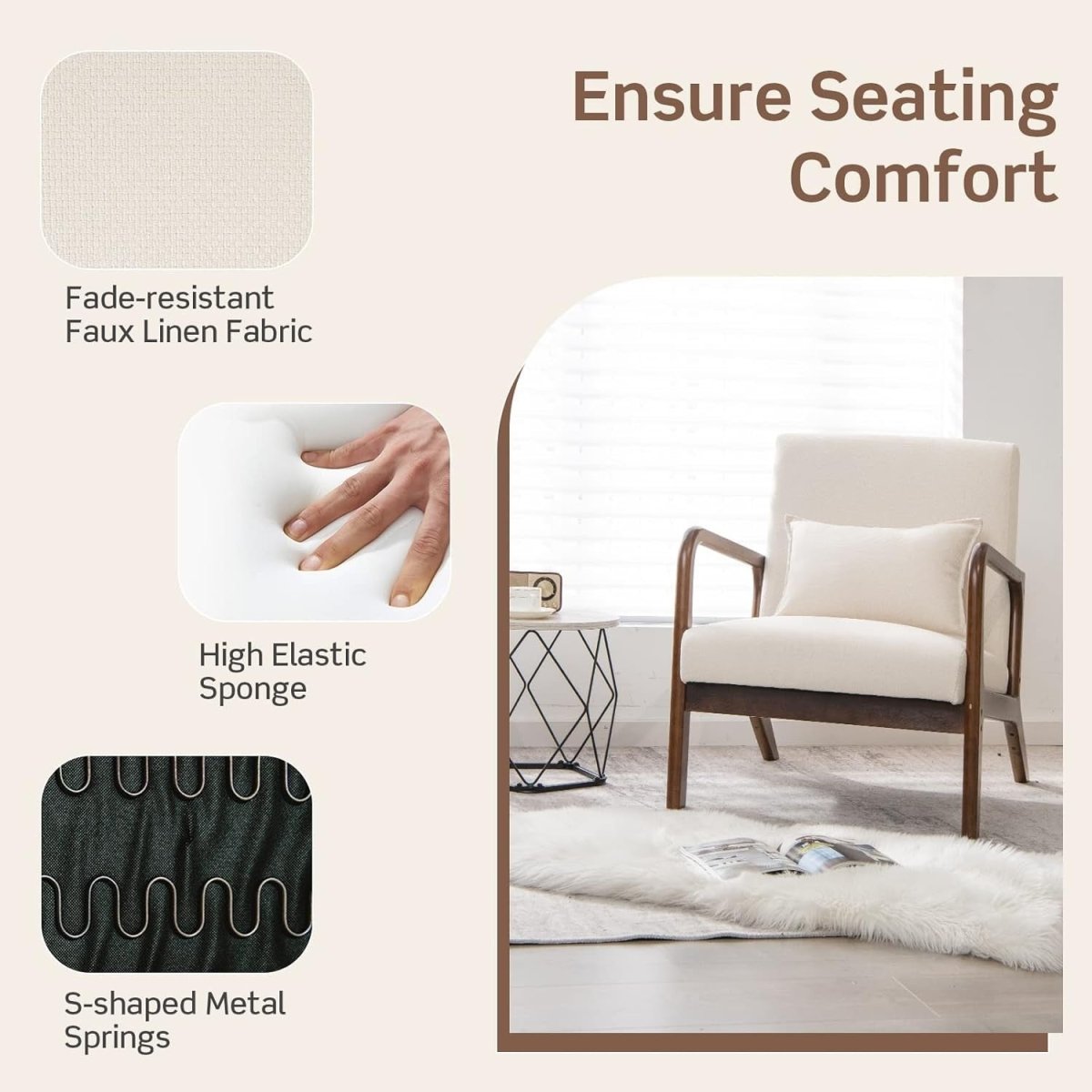 Beige Fabric Accent Armchair Modern Lounge Chair Wood Frame - Kwikley