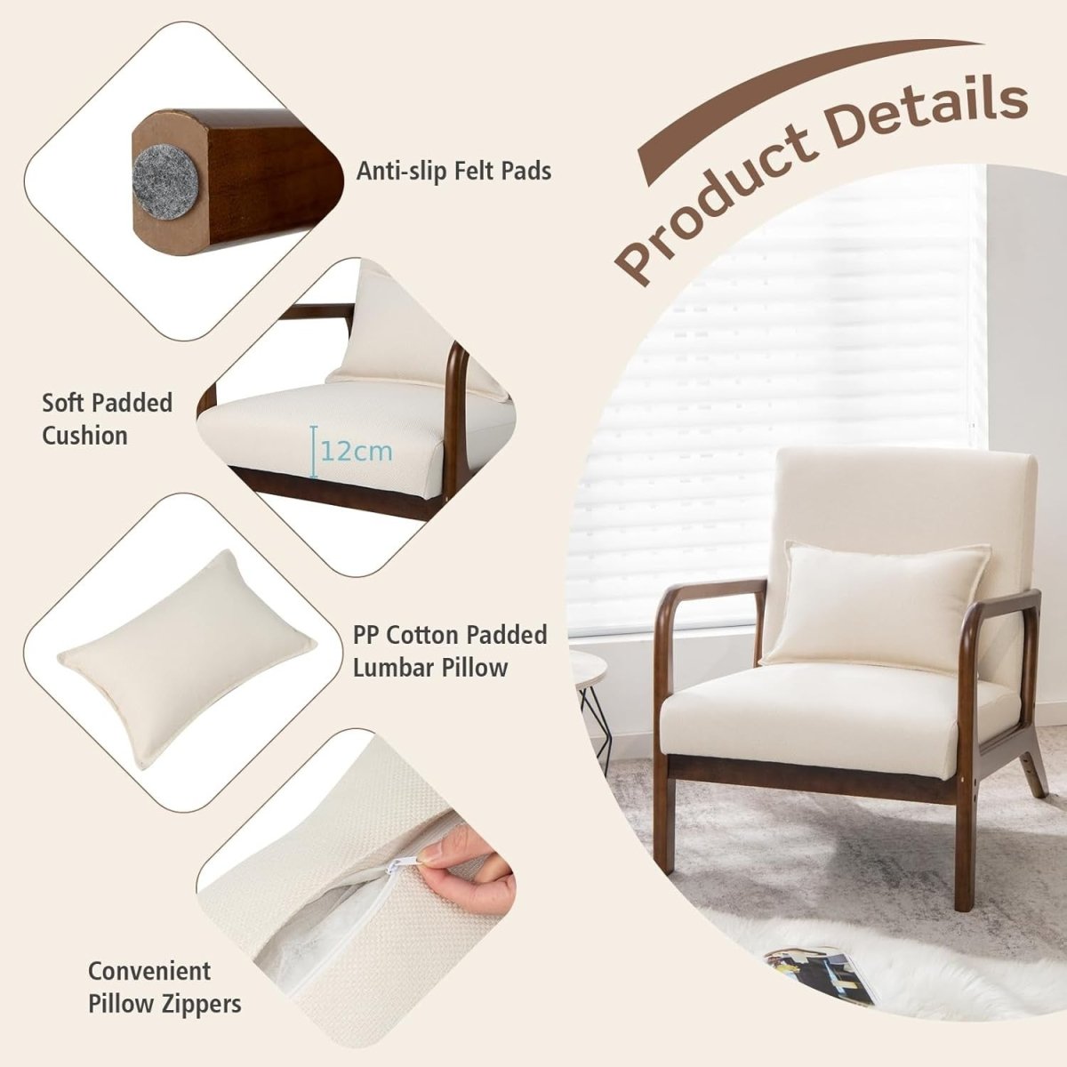 Beige Fabric Accent Armchair Modern Lounge Chair Wood Frame - Kwikley