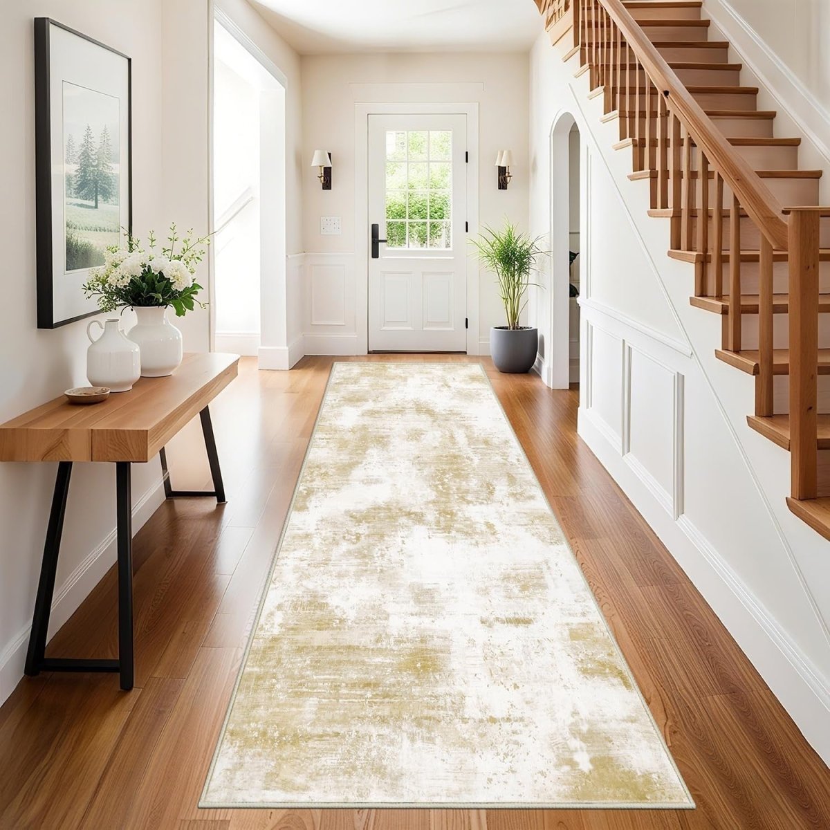 Beige Hallway Runner Rug 80x200cm Non Slip Washable Low Pile Hall Carpet - Kwikley