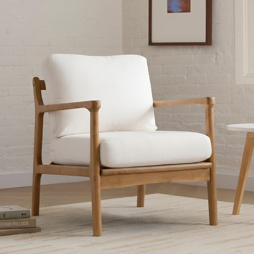 Beige Linen Accent Chair Retro Tub Armchair Wood Frame - Kwikley
