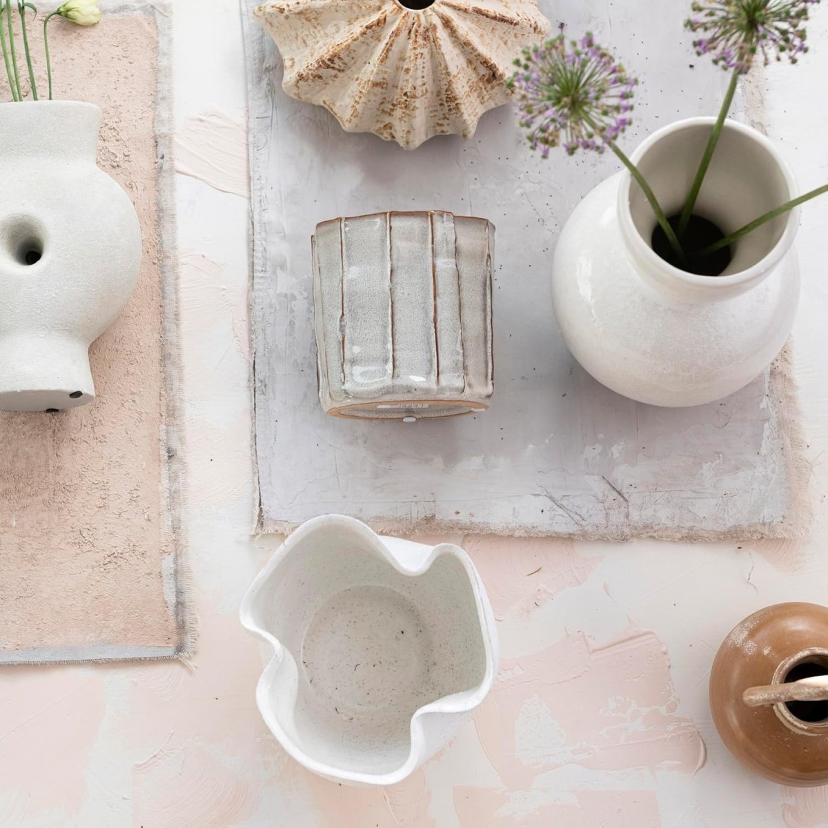 Beige Stoneware Plant Pot Ruffled Design Decorative Indoor Planter - Kwikley