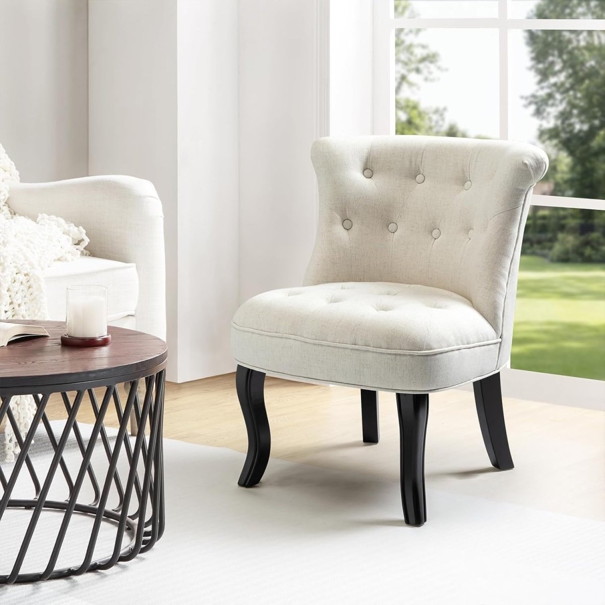 Beige Upholstered Dining Accent Chair – Soft Velvet Seat with Solid Wood Legs - Kwikley