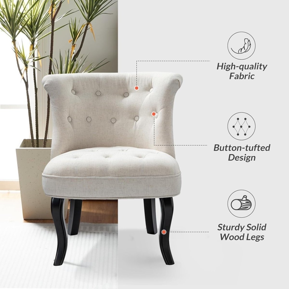 Beige Upholstered Dining Accent Chair – Soft Velvet Seat with Solid Wood Legs - Kwikley