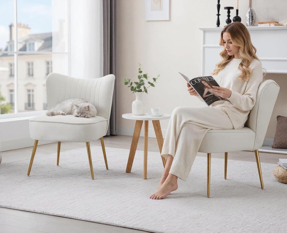 Beige Velvet Accent Chair Gold Metal Legs Lounge Side Seat - Kwikley