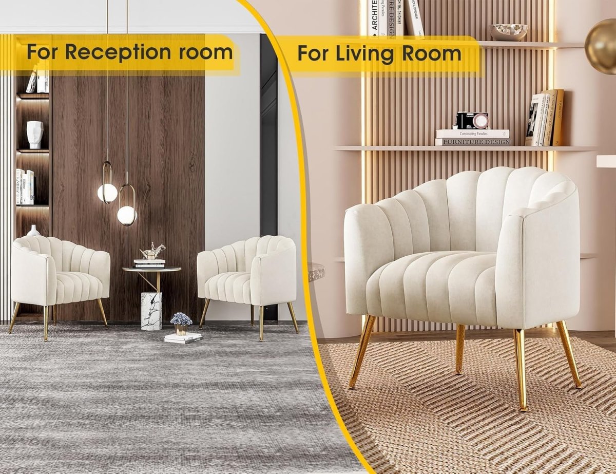 Beige Velvet Barrel Accent Chair with Gold Legs | Plush Comfy Lounge Seat - Kwikley