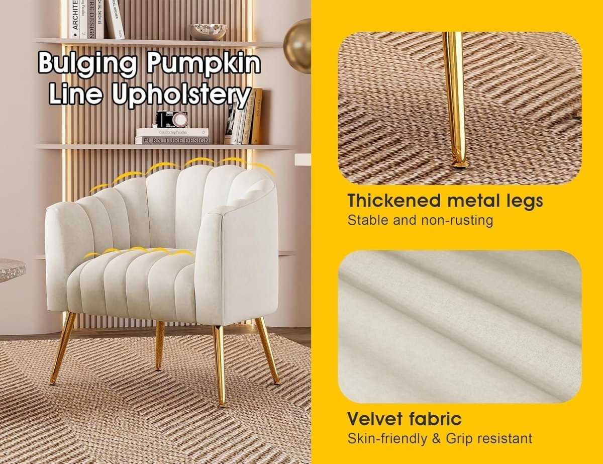Beige Velvet Barrel Accent Chair with Gold Legs | Plush Comfy Lounge Seat - Kwikley