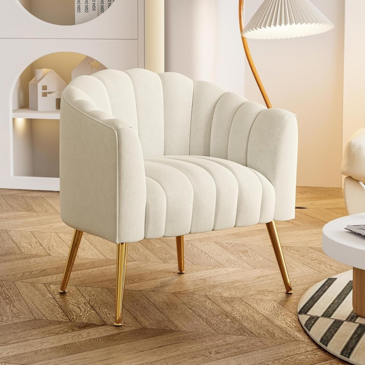 Beige Velvet Barrel Accent Chair with Gold Legs | Plush Comfy Lounge Seat - Kwikley