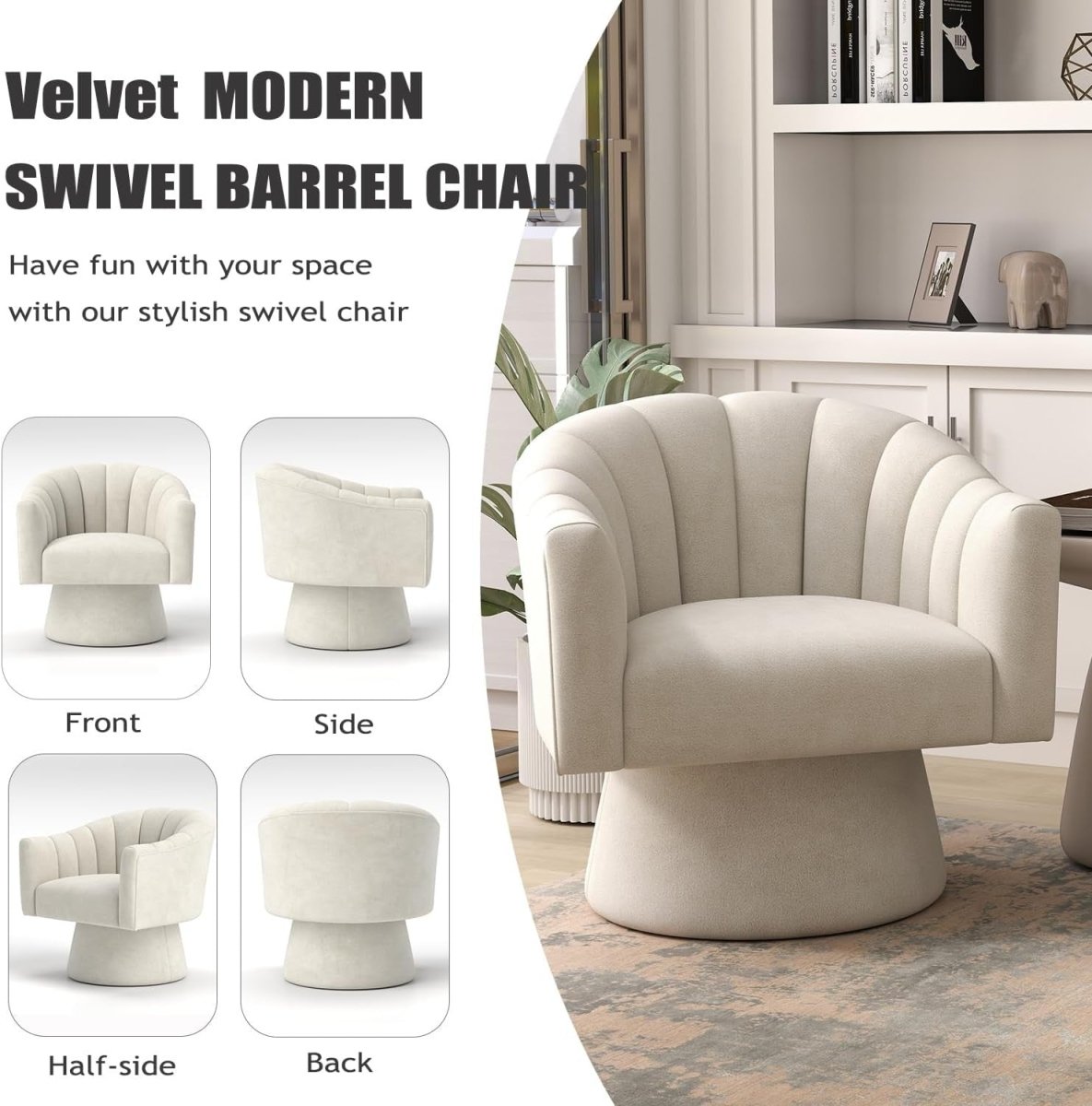 Beige Velvet Swivel Accent Chair 360° Barrel Lounge Armchair - Kwikley