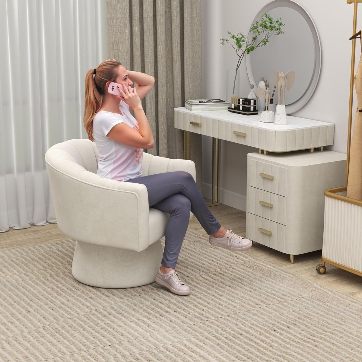 Beige Velvet Swivel Accent Chair 360° Barrel Lounge Armchair - Kwikley