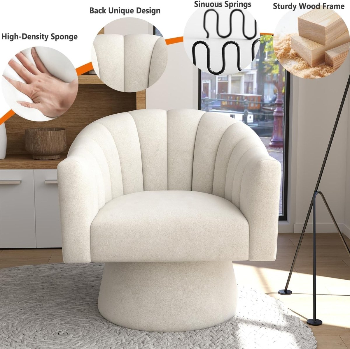 Beige Velvet Swivel Accent Chair 360° Barrel Lounge Armchair - Kwikley