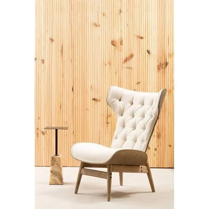 Beige Wingback Accent Chair Tufted Fabric Seat with Curved Elm Wood Frame - Kwikley