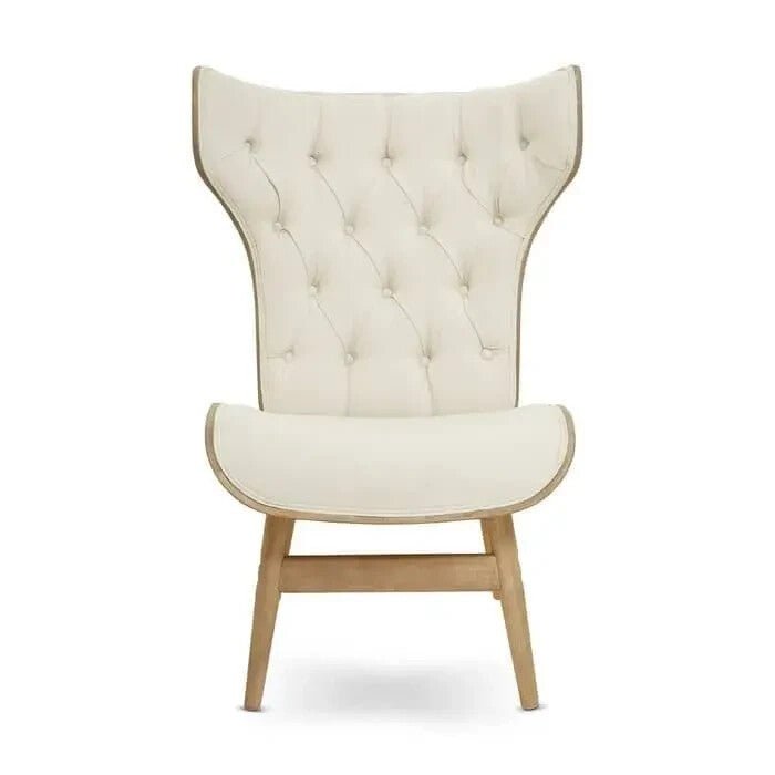 Beige Wingback Accent Chair Tufted Fabric Seat with Curved Elm Wood Frame - Kwikley