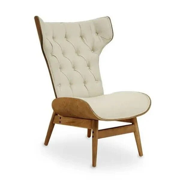 Beige Wingback Accent Chair Tufted Fabric Seat with Curved Elm Wood Frame - Kwikley