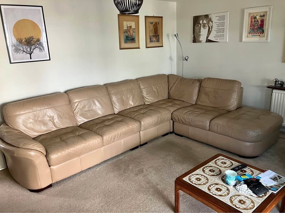 Beigey Brown Leather Corner Sofa (PTP) - Kwikley